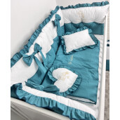 Lenjerie de pat cu 6 apărători matlasate Bicolore și fundițe Verde smarald - alb