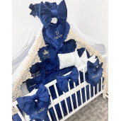 Lenjerie pătuț bebeluși din Catifea Bleumarin Prince cu apărători matlasate, cearșaf, păturică și pernuta din catifea 