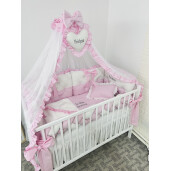 Lenjerie de pat cu 4 apărători matlasate Bicolore și o apărătoare împletită și fundițe Roz baby - alb