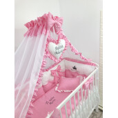 Pat + saltea + Lenjerie de pat cu 4 apărători matlasate Bicolore + lenjerie cu fundițe+ baldachin cu suport și inimioara Roz - alb