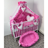 Pat + saltea + Lenjerie de pat cu apărători matlasate Princess + baldachin cu volanase și suport + cuib asortat personalizat