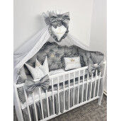Pătuț bebe + saltea + Lenjerie pătuț bebeluși din Catifea Gri cu apărători matlasate, cearșaf, păturică, pernuta din catifea + baldachin PREMIUM