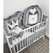 Pătuț bebe + saltea + Lenjerie pătuț bebeluși din Catifea Gri cu apărători matlasate, cearșaf, păturică, pernuta din catifea + baldachin PREMIUM