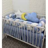 Pat + Saltea + Lenjerie de pat cu apărătoare împletită în 4 și 2 perne decorative + baldachin tulle colorat și suport, Deseda Mix stelute bleo