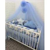 Pat + Saltea + Lenjerie de pat cu apărătoare împletită în 4 și 2 perne decorative + baldachin tulle colorat și suport, Deseda Mix stelute bleo