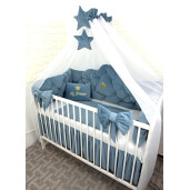 Lenjerie pătuț bebeluși din Catifea Albastru prăfuit cu apărători matlasate, cearșaf, păturică și pernuta Minunea mea