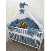 Lenjerie pătuț bebeluși din Catifea Albastru prăfuit cu apărători matlasate, cearșaf, păturică și pernuta Minunea mea