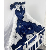 Pat + saltea + Lenjerie de pat din Catifea Albastru Royal cu apărători matlasate Price  + baldachin cu dantela și suport + cuib cu desfacere asortat + set de baie
