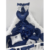 Pat + saltea + Lenjerie de pat din Catifea Albastru Royal cu apărători matlasate Price  + baldachin cu dantela și suport + cuib cu desfacere asortat + set de baie