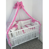 Pat + saltea + Lenjerie de pat cu 6 bucati aparatori protectii laterale patut Deseda Albe cu volanas colorat + baldachin cu suport asortat 