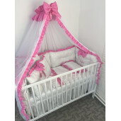 Pat + saltea + Lenjerie de pat cu 6 bucati aparatori protectii laterale patut Deseda Albe cu volanas colorat + baldachin cu suport asortat 