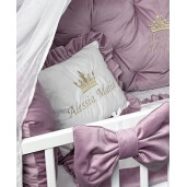 Pătuț bebe + saltea + Lenjerie pătuț bebeluși din Catifea Roz pudra cu apărători matlasate, cearșaf, păturică și pernuta din catifea + baldachin cu suport, PREMIUM