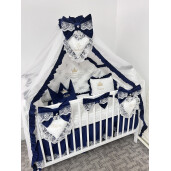 Pat + Saltea + Lenjerie pătuț bebeluși Prince din Catifea cu apărători matlasate, cearșaf, cuvertură pat și pernuta și baldachin cu suport 