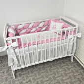 Lenjerie Lux cu apărătoare împletită în 4, 240 cm + cearșaf + păturică + pernuta personalizate Deseda Roz baby - alb
