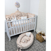 Pătuț bebe + saltea + Lenjerie pătuț bebeluși din Catifea Ivory cu baldachin și apărători matlasate, cearșaf, păturică și pernuta din catifea 