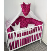 Pătuț bebe + saltea + Lenjerie pătuț bebeluși din Catifea Ciclam cu baldachin și apărători matlasate, cearșaf, păturică și pernuta din catifea 