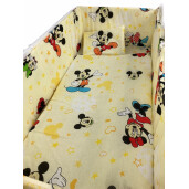 Lenjerie de patut bebelusi 5 piese cu aparatori laterale pe burete CN Mickey și Minnie Mouse pe galben