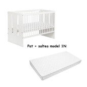 Pat + saltea + Lenjerie de pat cu 4 apărători matlasate albe cu Volanas de catifea roz ciclam + lenjerie pătuț Elegant Alb -roz ciclam