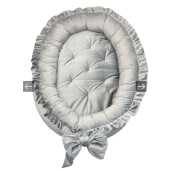 Pătuț bebe + saltea + Lenjerie pătuț bebeluși din Catifea Gri cu apărători matlasate, cearșaf, păturică, pernuta din catifea + baldachin PREMIUM