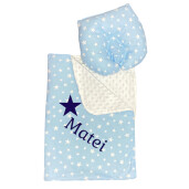 Set 2 piese Paturica dubla de iarna 90x70 cm cu perna formare cap Deseda Minky colorat - Steluțe