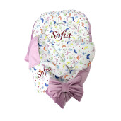 Set 4 în 1 Personalizat cuib baby nest bebelusi cu desfacere, salteluta detașabilă, perna formare cap și păturică dubla Catifea bumbac roz - Fluturași colorați 
