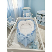 OTL Cuib baby nest bebelusi cu desfacere  si volanase Baby blue- Mincky alb + paturica brodate Te iubim