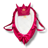 Cuib Babynest Personalizat Princess din Catifea Roz ciclam si alb, cu salteluta matlasata detașabilă
