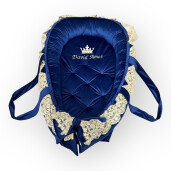 Cuib baby nest bebelusi DeLuxe din Catifea, Personalizat si cu dantela aurie, mânere, salteluta matlasata detașabilă Deseda Bleumarin