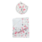 Set 2 piese Paturica dubla de iarna 90x70 cm cu perna formare cap Deseda Minky alb- Fluturași gri - roz