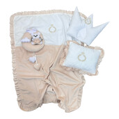 Set 4 în 1 LUX Cuib baby nest bebelusi cu salteluta detașabilă,  păturică și pernuta personalizata din catifea Ivory cu volanase și salteluta matlasata detașabilă