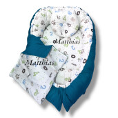 Set 4 în 1 Personalizat cuib baby nest bebelusi cu desfacere, salteluta detașabilă, perna formare cap și păturică dubla Tricot bumbac verde - Cifre nazdravane