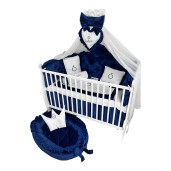 Lenjerie pătuț bebeluși din Catifea Albastru Royal cu apărători matlasate, cearșaf, păturică și pernuta din catifea albastra