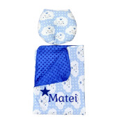 Set 2 piese Paturica dubla de iarna 90x70 cm cu perna formare cap Deseda Minky - Norișori zambareti bleo