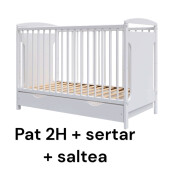 Pat + saltea + Lenjerie de pat personalizata cu 3 apărători matlasate Stil + perna deco + babynest asortat Roz baby - gri