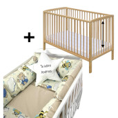 Pat natur+ Saltea + Lenjerie de pat cu perne lungi Ursi cu aline pe crem + Perna stea personalizata