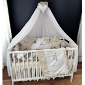 Pat + Saltea + Lenjerie de pat din catifea ALEGE CULOAREA cu apărătoare împletită în 3 și perne deco steluțe și norisor si baldachin Deseda