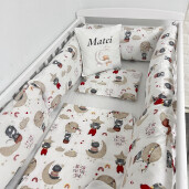 Pat + Saltea + Lenjerie cu 6 bucati Perne Lungi protectii laterale patut, cearșaf, păturică și pernuta personalizata Deseda Ursi zburători