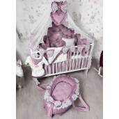 Pat + saltea + Lenjerie de pat din Catifea cu apărători matlasate Pricess  + baldachin cu dantela și suport + cuib cu desfacere asortat + set de baie