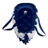 Pat + saltea + Lenjerie de pat din Catifea Albastru Royal cu apărători matlasate Price  + baldachin cu dantela și suport + cuib cu desfacere asortat + set de baie