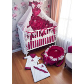 Pat + saltea + Lenjerie de pat din Catifea cu apărători matlasate Pricess Ciclam  + baldachin cu dantela și suport + cuib cu desfacere asortat + set de baie
