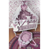 Pat + saltea + Lenjerie de pat din Catifea cu apărători matlasate Pricess  + baldachin cu dantela și suport + cuib cu desfacere asortat + set de baie