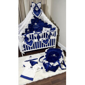 Pat + Saltea + Lenjerie pătuț bebeluși Princess Lux din Catifea cu apărători matlasate, cearșaf, păturică și pernuta și baldachin cu suport Bleumarin si dantela alba