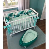 Lenjerie cu apărătoare împletită în 4, 240 cm + cearșaf + plăpumioară + pernuta slim Deseda Mix Verde