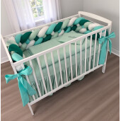 Lenjerie cu apărătoare împletită în 4, 240 cm + cearșaf + plăpumioară + pernuta slim Deseda Mix Verde