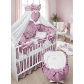 Pat + Saltea + Lenjerie pătuț bebeluși Princess Lux din Catifea cu apărători matlasate, cearșaf, păturică și pernuta și baldachin cu suport + cuib cu defacere Deseda Catifea roz pudrat