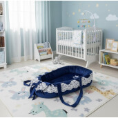 Cuib baby nest bebelusi DeLuxe din Catifea, Personalizat si cu dantela Alba, mânere, salteluta matlasata detașabilă Deseda Bleumarin