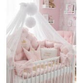 Pat + saltea + Lenjerie de pat cu apărători matlasate Coronita printesei Roz baby pal+ baldachin cu dantela și suport