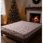 Cearsaf de pat din Finet - Flanel de iarna, cu elastic roata, Reni pe rosu