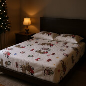 Cearsaf de pat din Finet - Flanel de iarna, cu elastic roata, Reni mari
