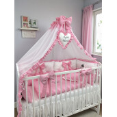 Pat + saltea + Lenjerie de pat cu 4 apărători matlasate Bicolore + lenjerie cu fundițe+ baldachin cu suport și inimioara Roz - alb